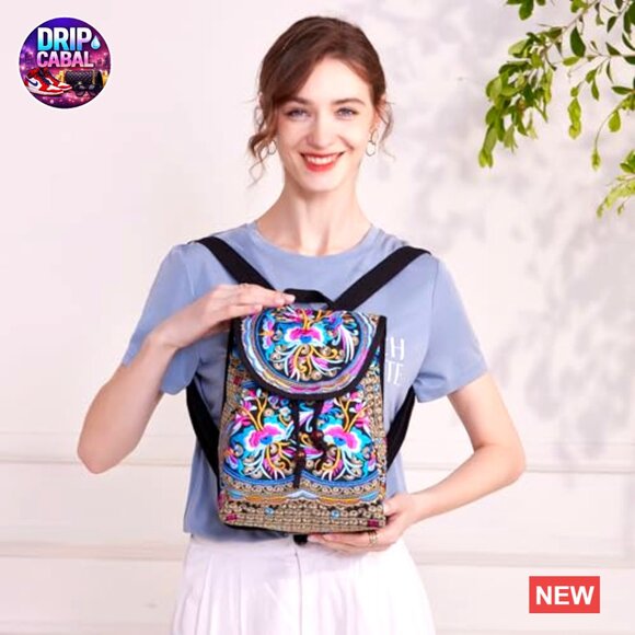 Embroidered Canvas Backpack Purse Boho Elegant Vintage Floral Shoulder Handbag main image 4